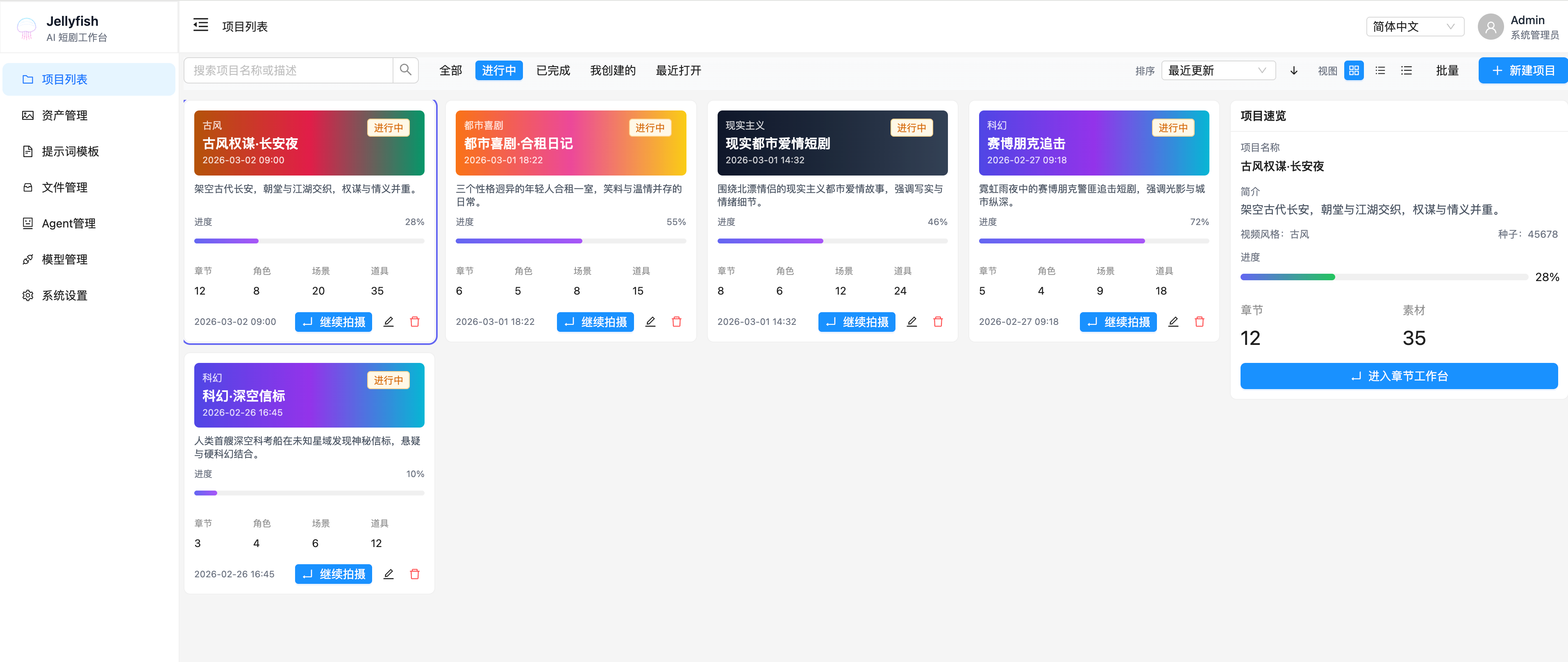Jellyfish 项目列表界面：每部短剧按章节/角色/场景/道具统计进度