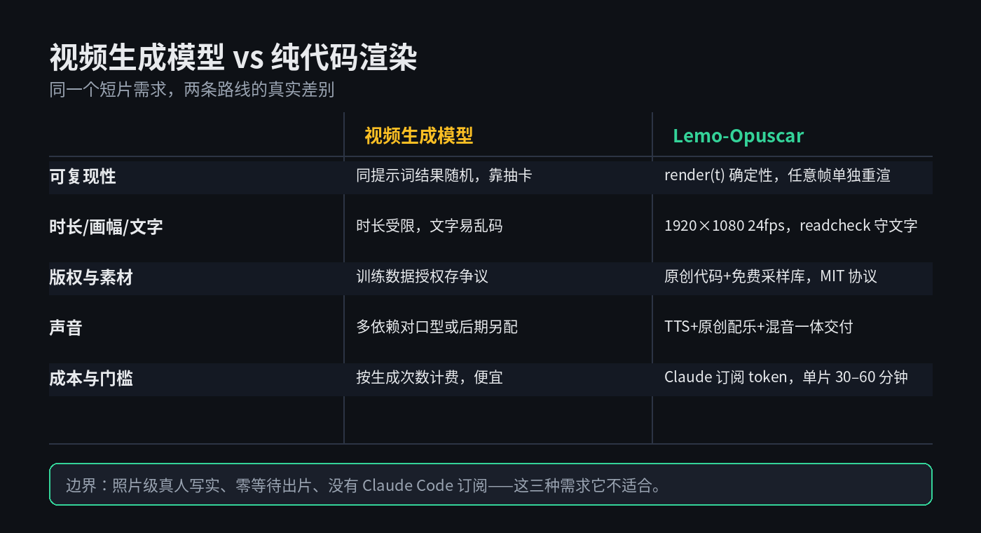 视频生成模型与 Lemo-Opuscar 纯代码渲染路线的五维对比