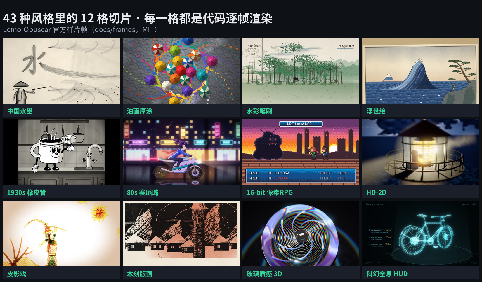 43 种风格中的 12 格切片,全部来自官方样片的真实渲染帧