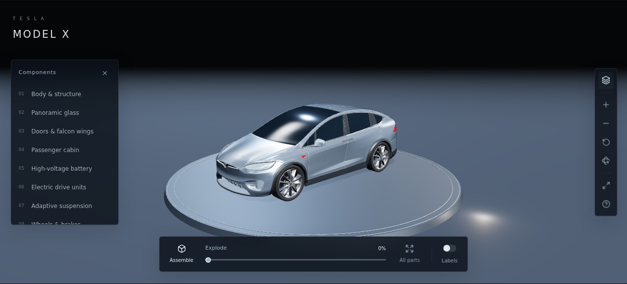 Model X Studio 整车状态：银色 Model X 停在圆形展台上，左侧部件面板、右侧视图工具、底部爆炸滑块