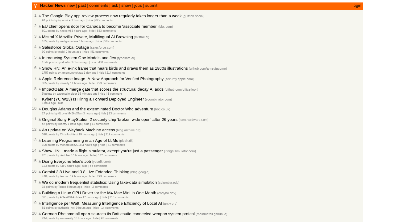 Obscura 自研渲染引擎截取的 Hacker News 首页，布局、配色、序号对齐均正确