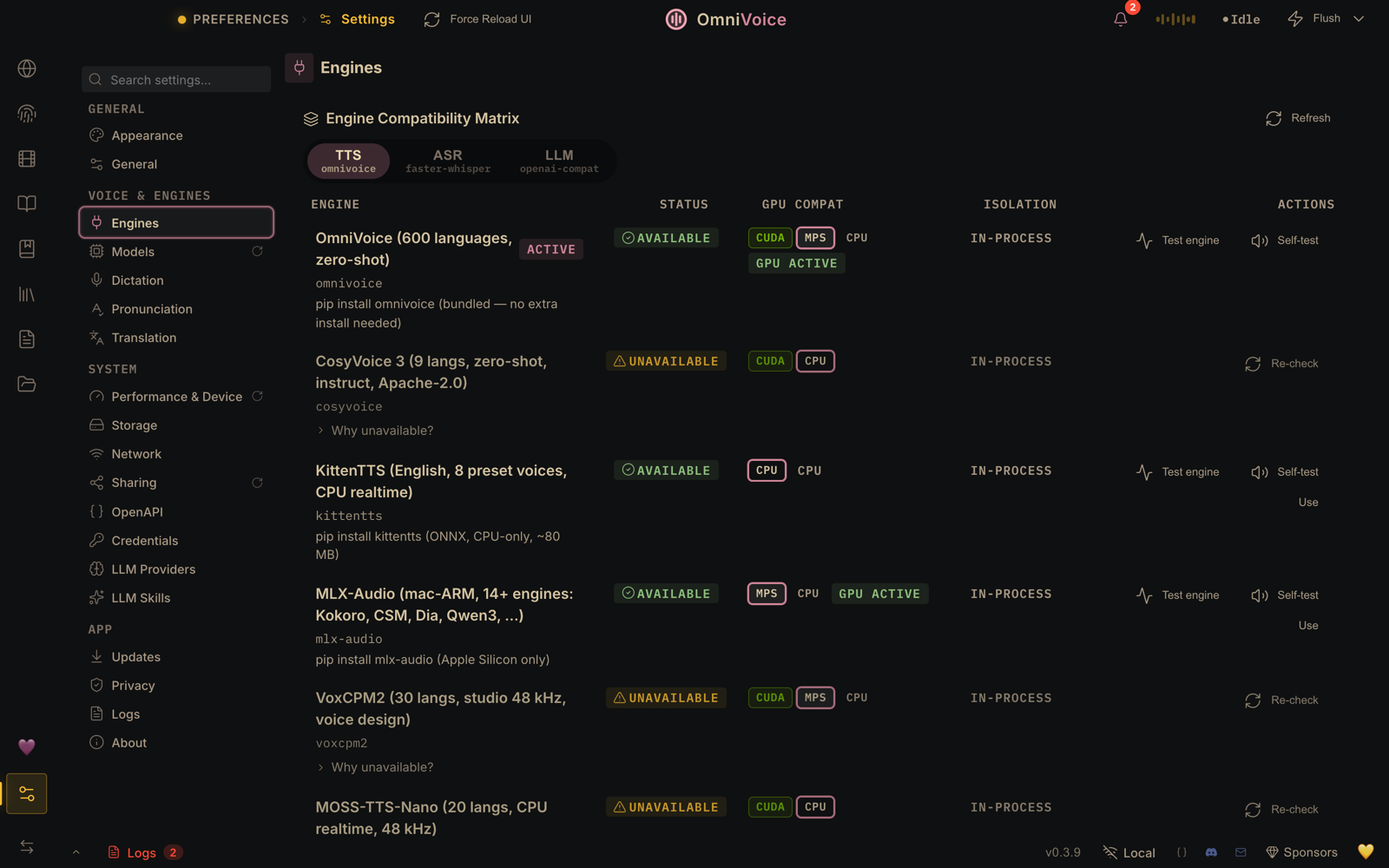 Settings → Engines