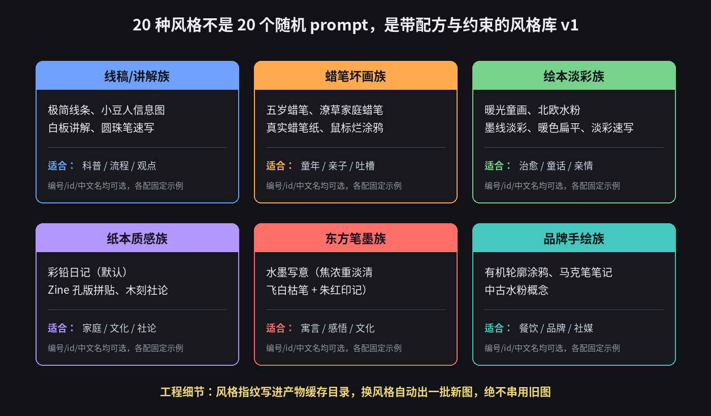 20 种风格分六大家族:线稿讲解、蜡笔坏画、绘本淡彩、纸本质感、东方笔墨、品牌手绘