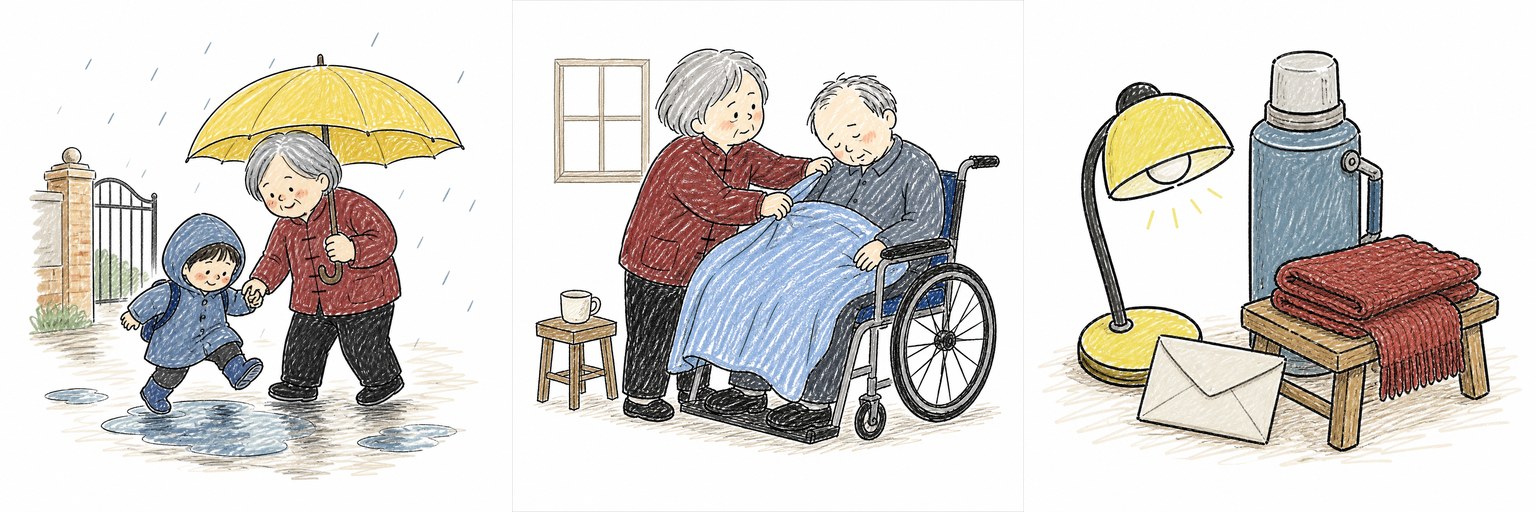 默认彩铅日记风格的质量锚点:三格家庭叙事长卷