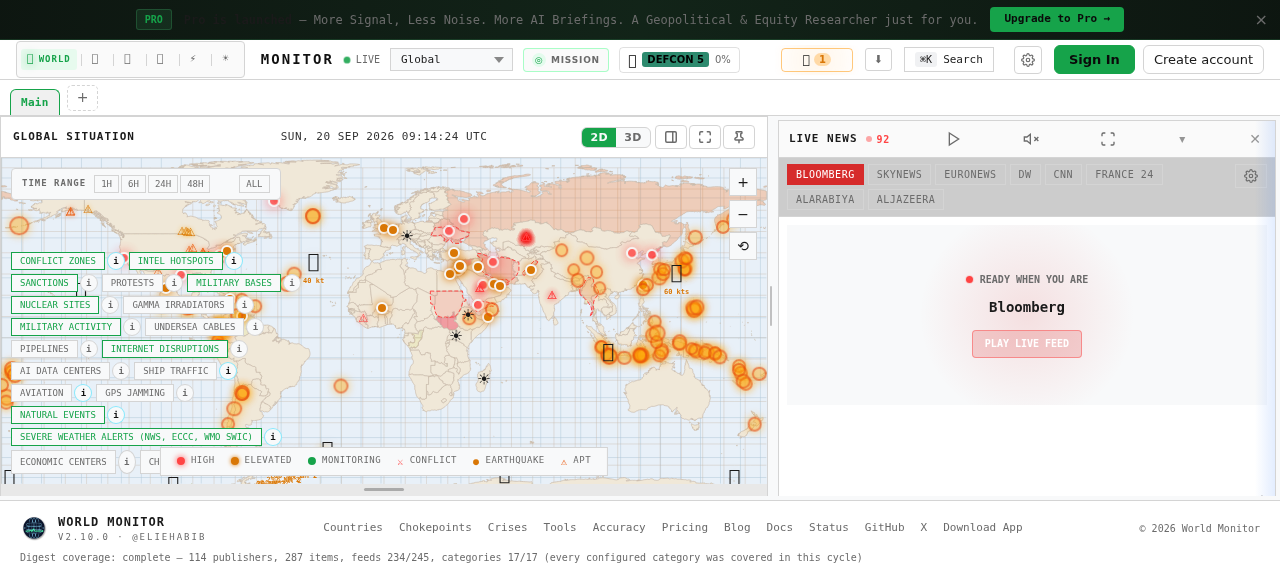 World Monitor 实时仪表盘实测截图:2D 地图、图层开关、实时新闻面板,底部状态栏显示 114 个发布方、287 条记录、245 个数据源中 234 个在线